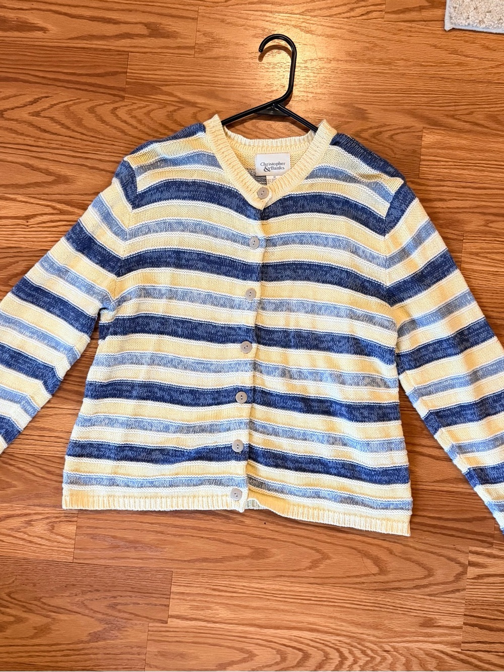 Christopher & Banks V-Neck Striped Knit Cardigan in Blue and Cream